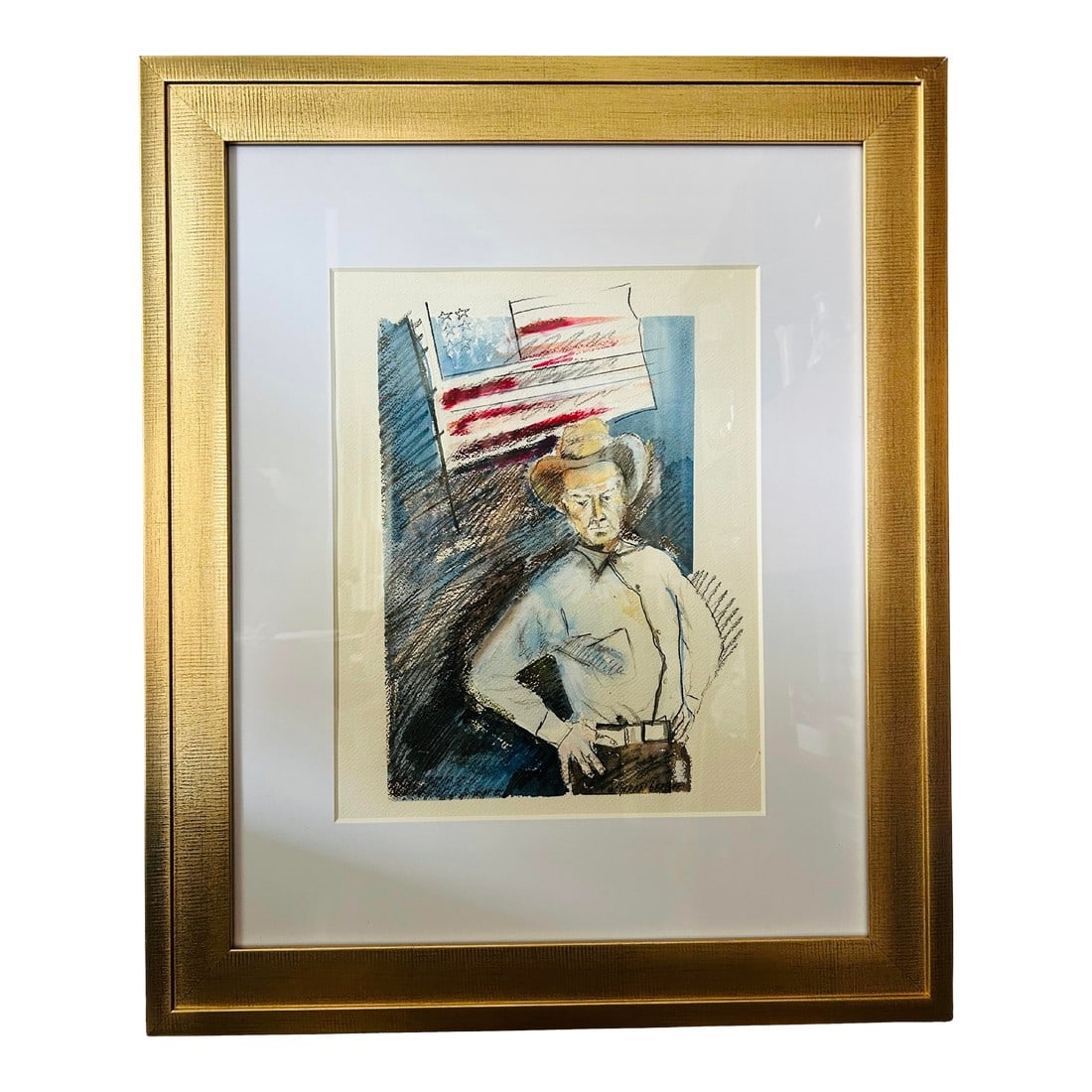 Late 19th Century Patriotic Cowboy Watercolor Portrait by Geran Gerber – Original Americana: Patriotic Cowboy Watercolor Portrait by Geran Gerber – Original Americana Western Art in Gold Frame Description: This striking original watercolor and charcoal portrait by artist Geran Gerber