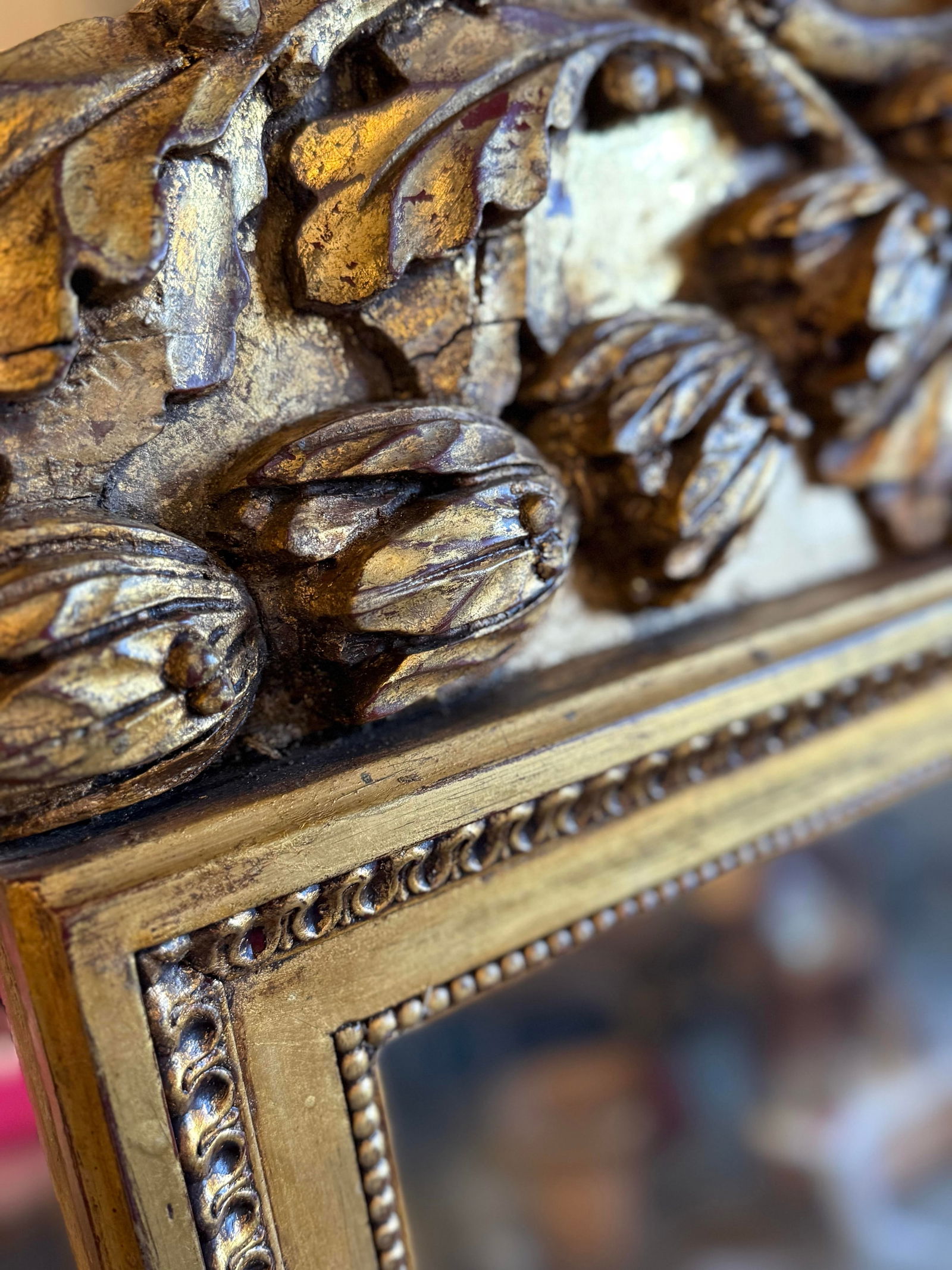 Antique Carved Wood Ornate Large Gold French Mirror. Huge Mirror Can Be Hung or Rested on the Wall. - 5