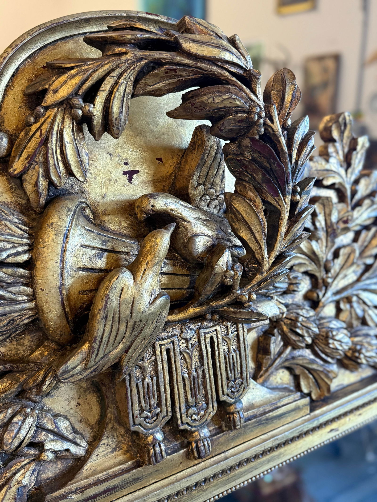 Antique Carved Wood Ornate Large Gold French Mirror. Huge Mirror Can Be Hung or Rested on the Wall. - 7