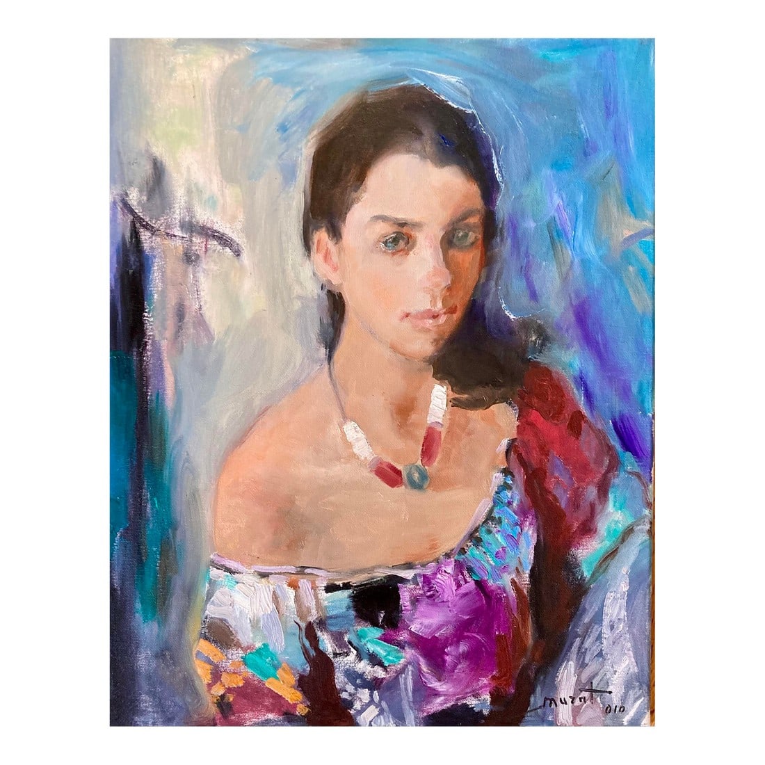 Vintage Portrait of a Young Woman by Murat Kaboulov 1939-2010: Beautiful vintage portrait of a young woman in colorful blouse and necklace. Signed lower right and verso. Dated 2010 Condition: Alterations: Original Condition Unaltered Imperfections: Some