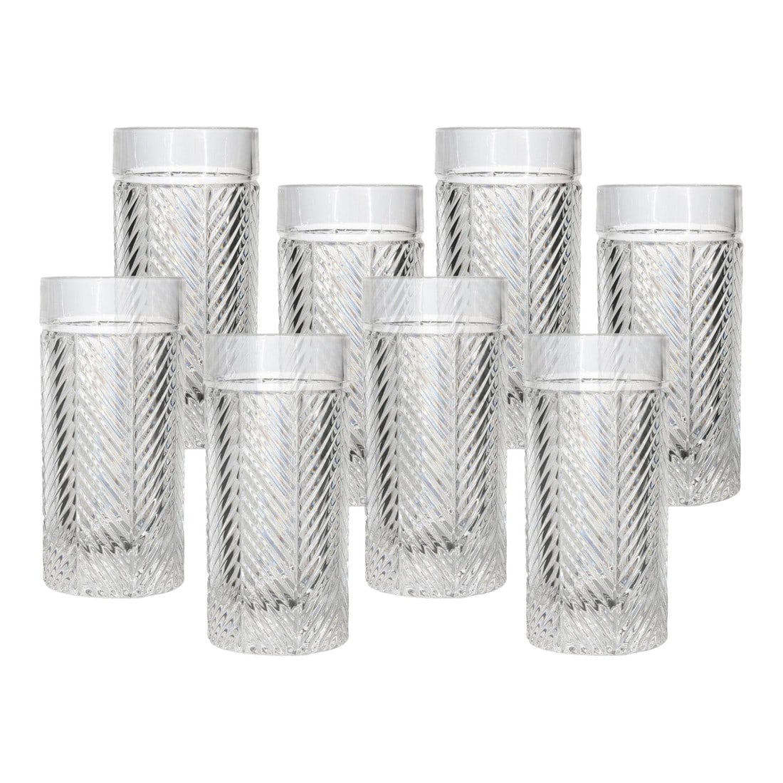 Ralph Lauren Herringbone Crystal Tumblers, Set of 8: A refined set of eight Ralph Lauren crystal tumblers featuring a crisp herringbone cut that feels both classic and architectural. Substantial in weight with a polished rim, these glasses are designed