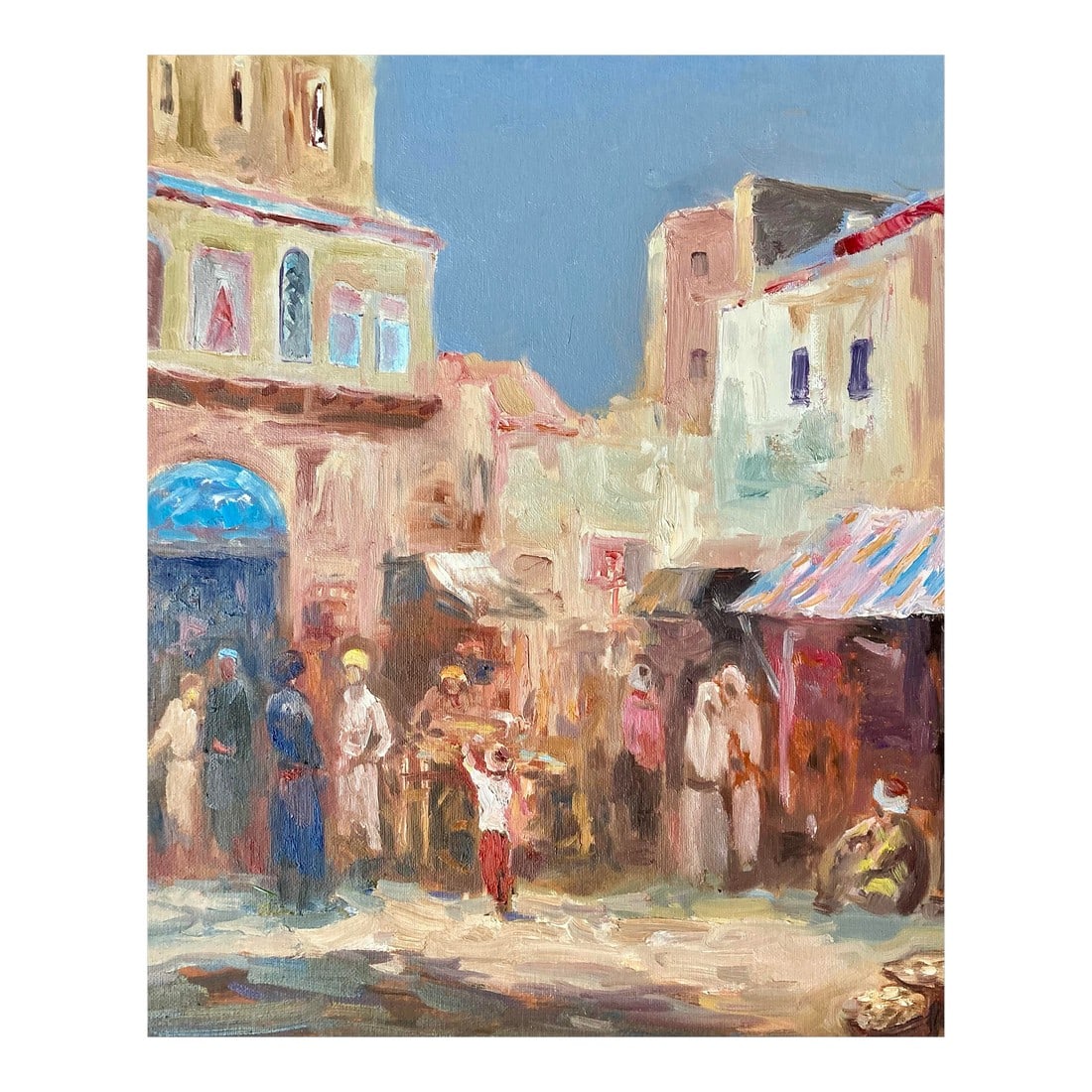 Vintage Oil Painting of a Market in Central Asia by Murat Kaboulov 1939-2010: Vintage oil on canvas painting of a market in Central Asia by Murat Kaboulov. From artist's estate. Signed on verso. Dated 2008 Condition: Alterations: Original Condition Unaltered Imperfections: