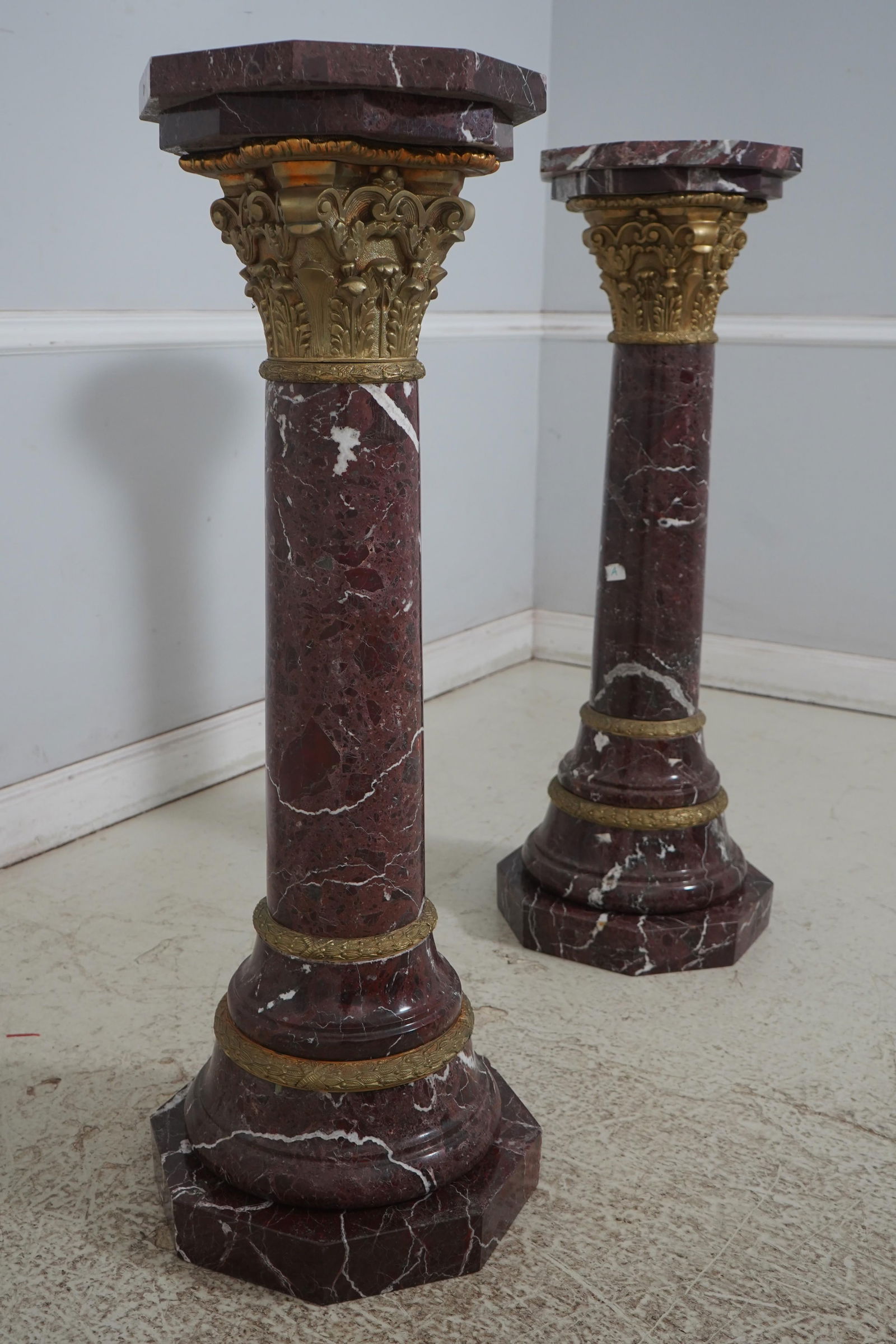 Pair French Empire Marble & Bronze Column Pedestals - 2