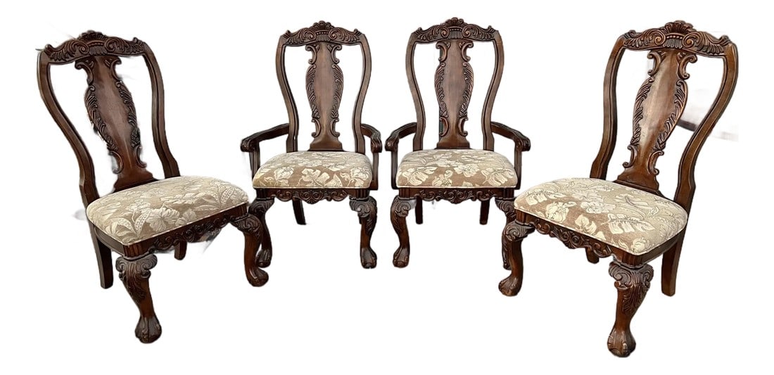 Vintage Wood Chairs With Claw and Ball Feet - Set of 4: Vintage 1980s Set of 4 Large Hand Carved chairs. A solid wood foliate carvings, curved and scrolled arms, acanthus ball and claw feet and Upholstered Seat. Marked Collezione Europa made in NJ. under c