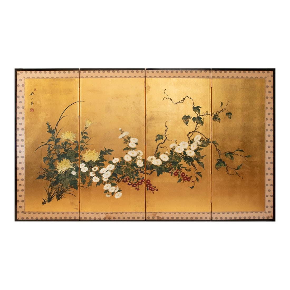 1960s Large ShÅwa Era Japanese Byobu Screen "Chrysanthemums": Stunning large vintage Japanese 4-panel hand painted Byobu (folding screen) with Chrysanthemums. Signed and sealed by artist. Watercolor, gouache and ink on gold leaf style paper over boards. Silk bro