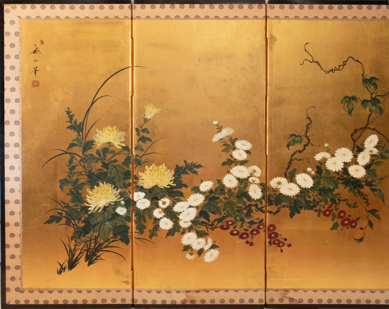 1960s Large ShÅwa Era Japanese Byobu Screen "Chrysanthemums" - 3