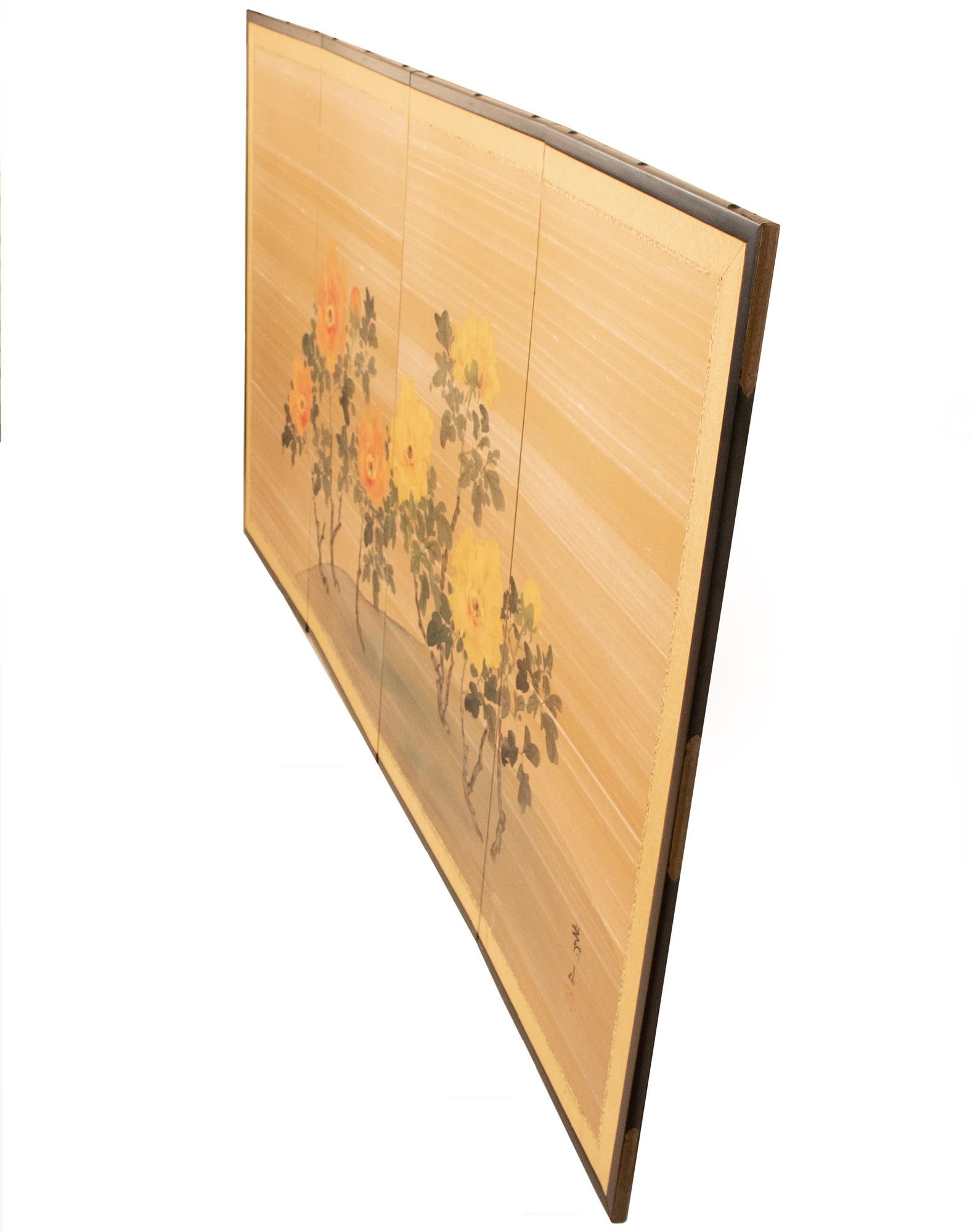 1950-1960s ShÅwa Era Japanese Painted Silk Byobu Screen "Peonies" - 17