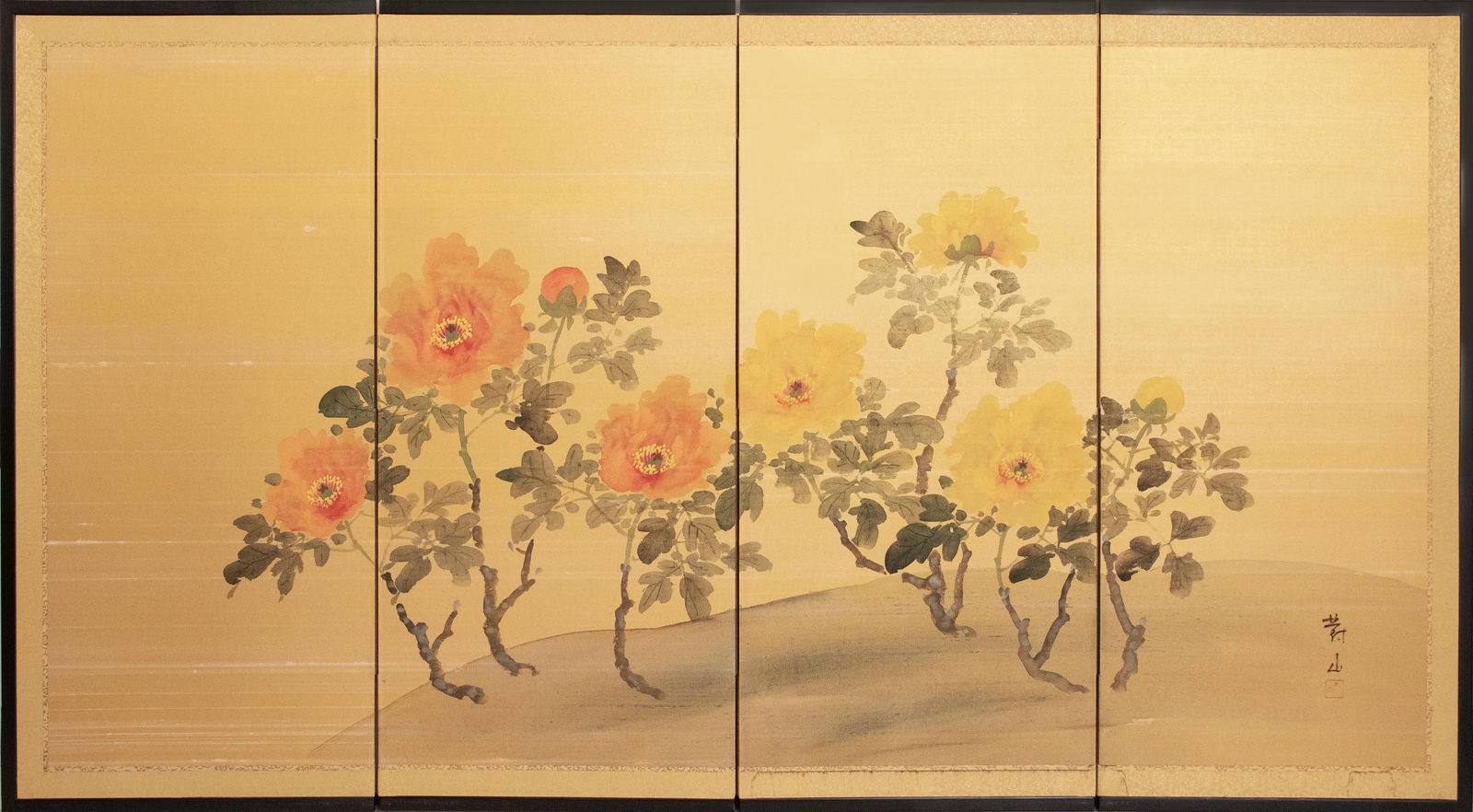 1950-1960s ShÅwa Era Japanese Painted Silk Byobu Screen "Peonies" - 18