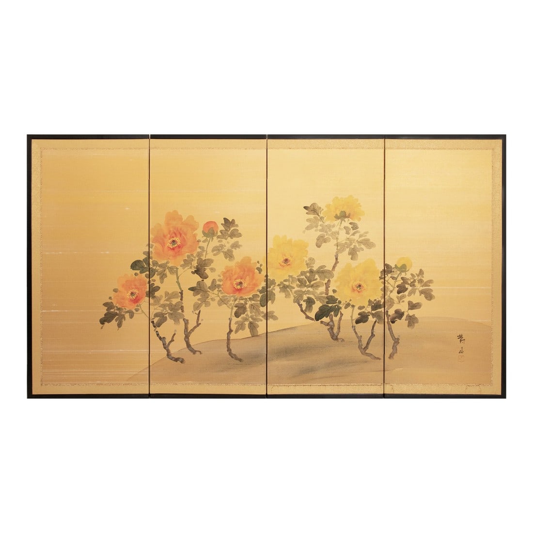 1950-1960s ShÅwa Era Japanese Painted Silk Byobu Screen "Peonies": Lovely ShÅwa Era 4-panel Japanese hand painted silk Byobu (folding screen), depicting Peonies flowers and leaves. Signed and sealed by artist. Watercolor and ink on silk. Silk border. Lacquered