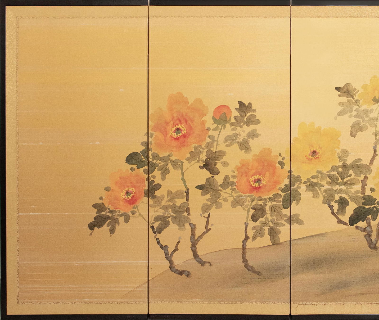 1950-1960s ShÅwa Era Japanese Painted Silk Byobu Screen "Peonies" - 2