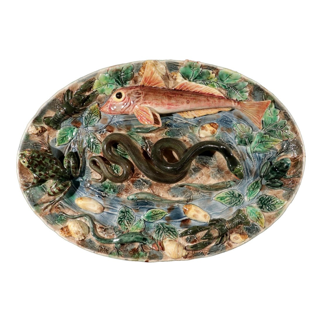 Late 19th Century French Majolica Palissy Dish, Longchamp: Longchamp's Wild Majolica Menagerie: French Majolica Palissy Dish Maker: Longchamp Pottery, France Date: Circa 1880 Medium: Earthenware, multi-colored lead glazes (Majolica/Barbotine) This