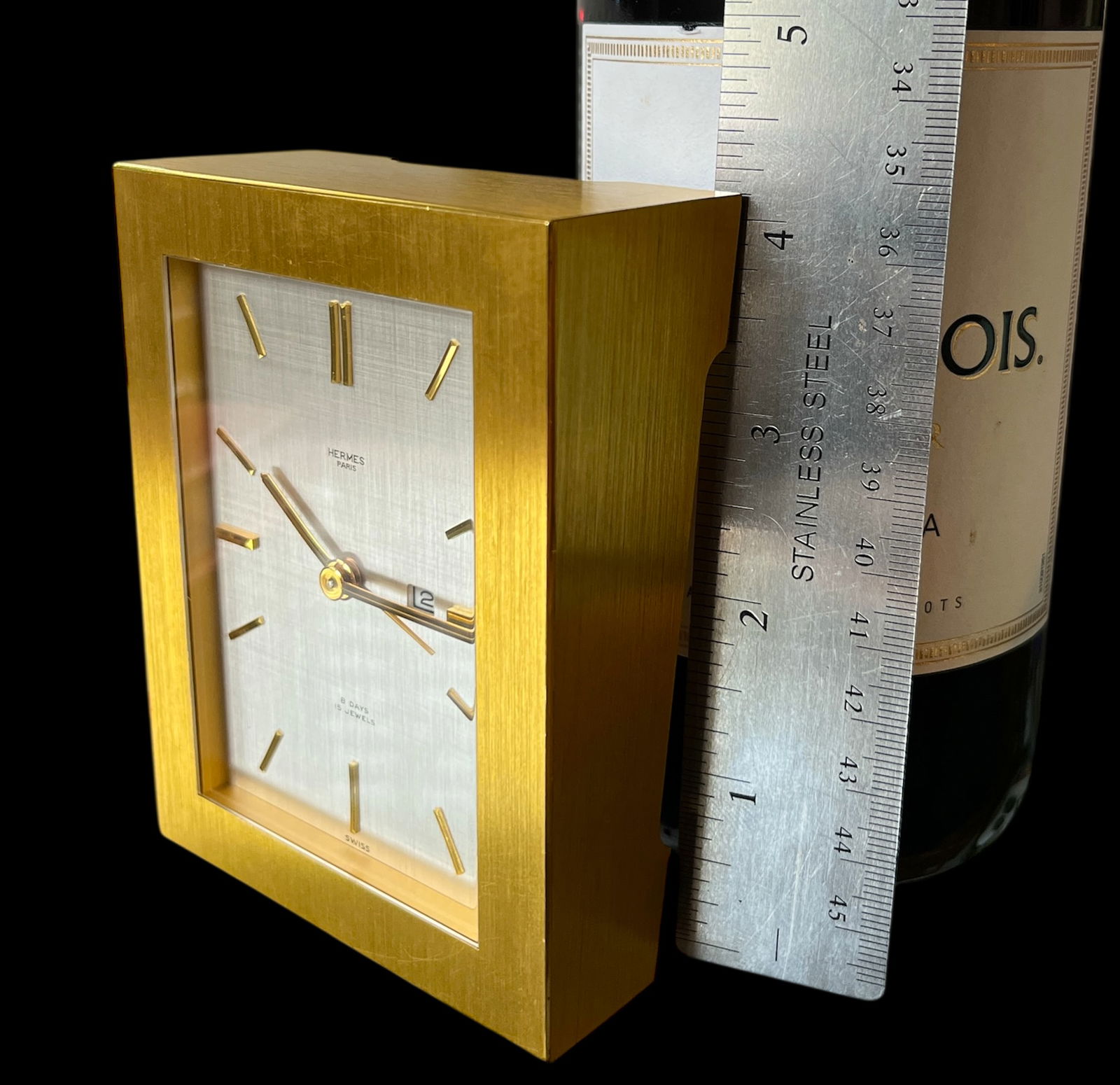 Vintage Hermès 8-Day Brushed Gilt Brass and Silk-Textured Silver Desk Clock "” Swiss, C. - 15