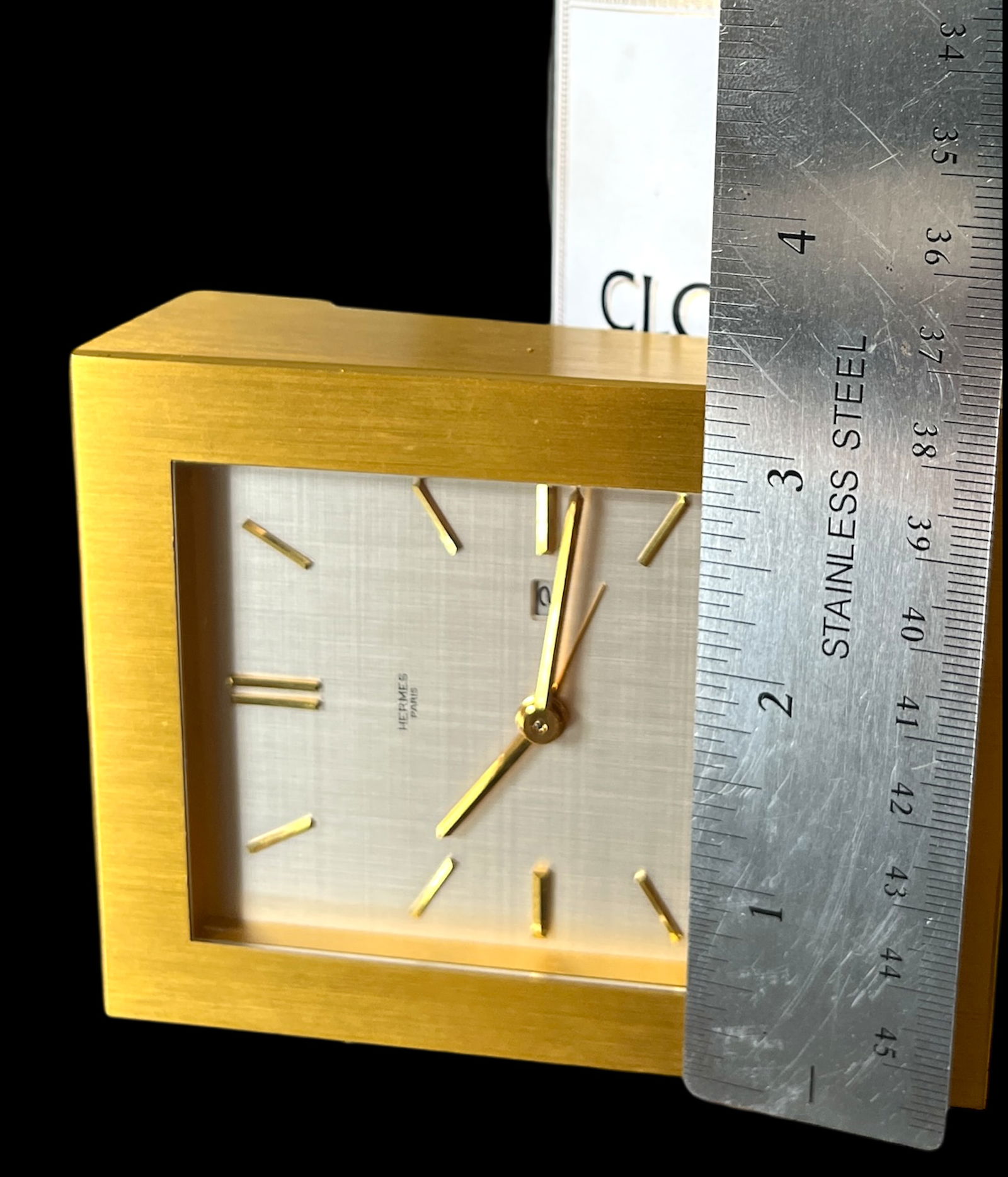 Vintage Hermès 8-Day Brushed Gilt Brass and Silk-Textured Silver Desk Clock "” Swiss, C. - 16