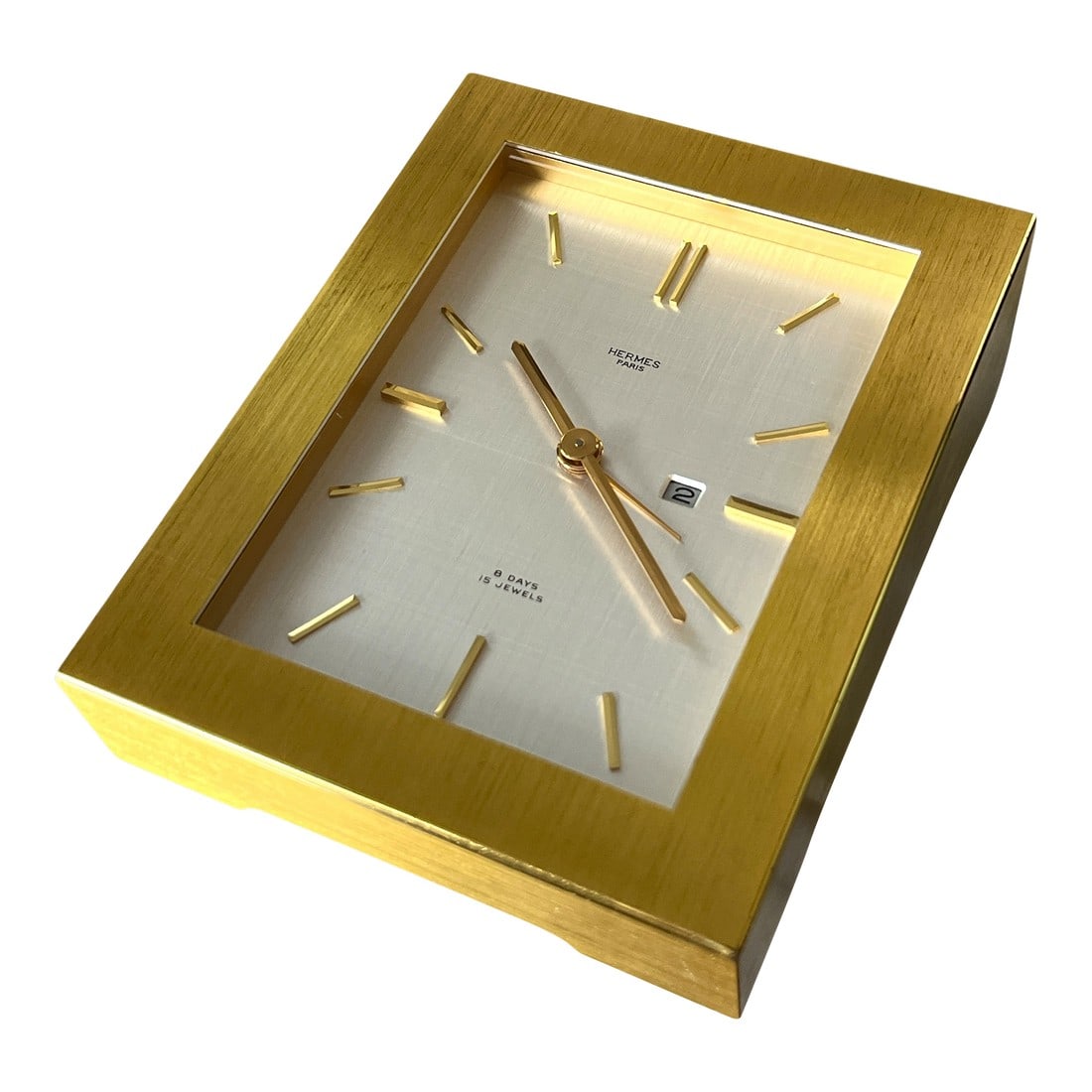 Vintage Hermès 8-Day Brushed Gilt Brass and Silk-Textured Silver Desk Clock "” Swiss, C. (1 of 16)