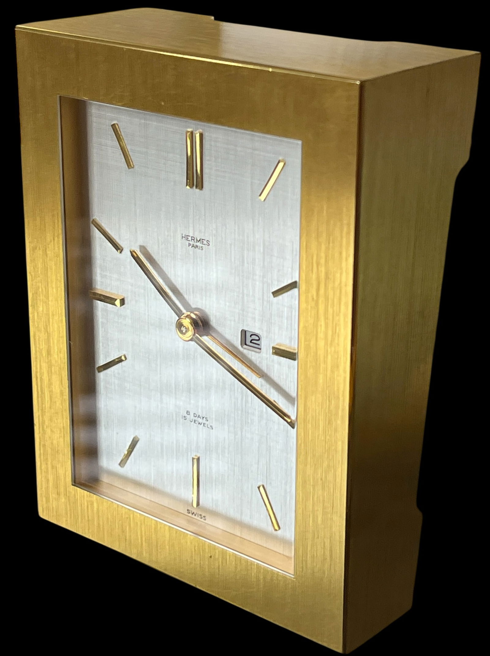 Vintage Hermès 8-Day Brushed Gilt Brass and Silk-Textured Silver Desk Clock "” Swiss, C. - 2