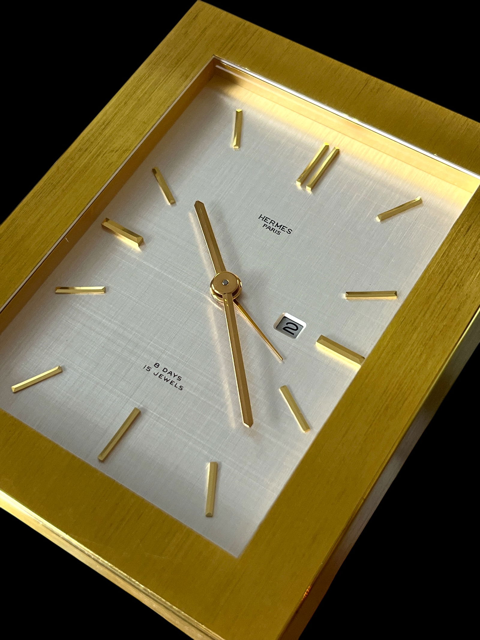 Vintage Hermès 8-Day Brushed Gilt Brass and Silk-Textured Silver Desk Clock "” Swiss, C. - 3