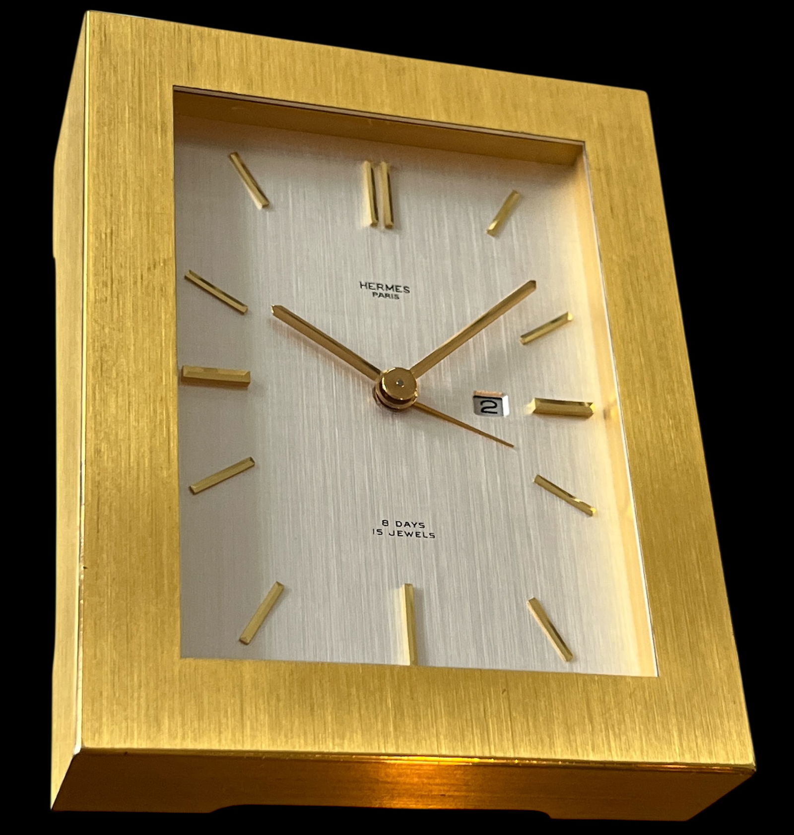 Vintage Hermès 8-Day Brushed Gilt Brass and Silk-Textured Silver Desk Clock "” Swiss, C. - 4