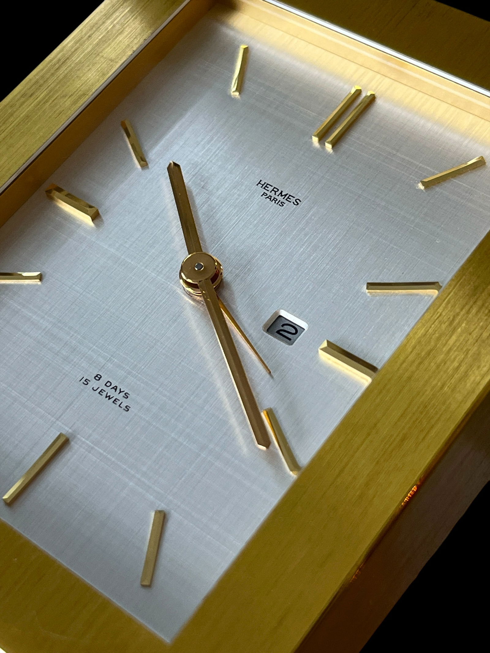 Vintage Hermès 8-Day Brushed Gilt Brass and Silk-Textured Silver Desk Clock "” Swiss, C. - 5