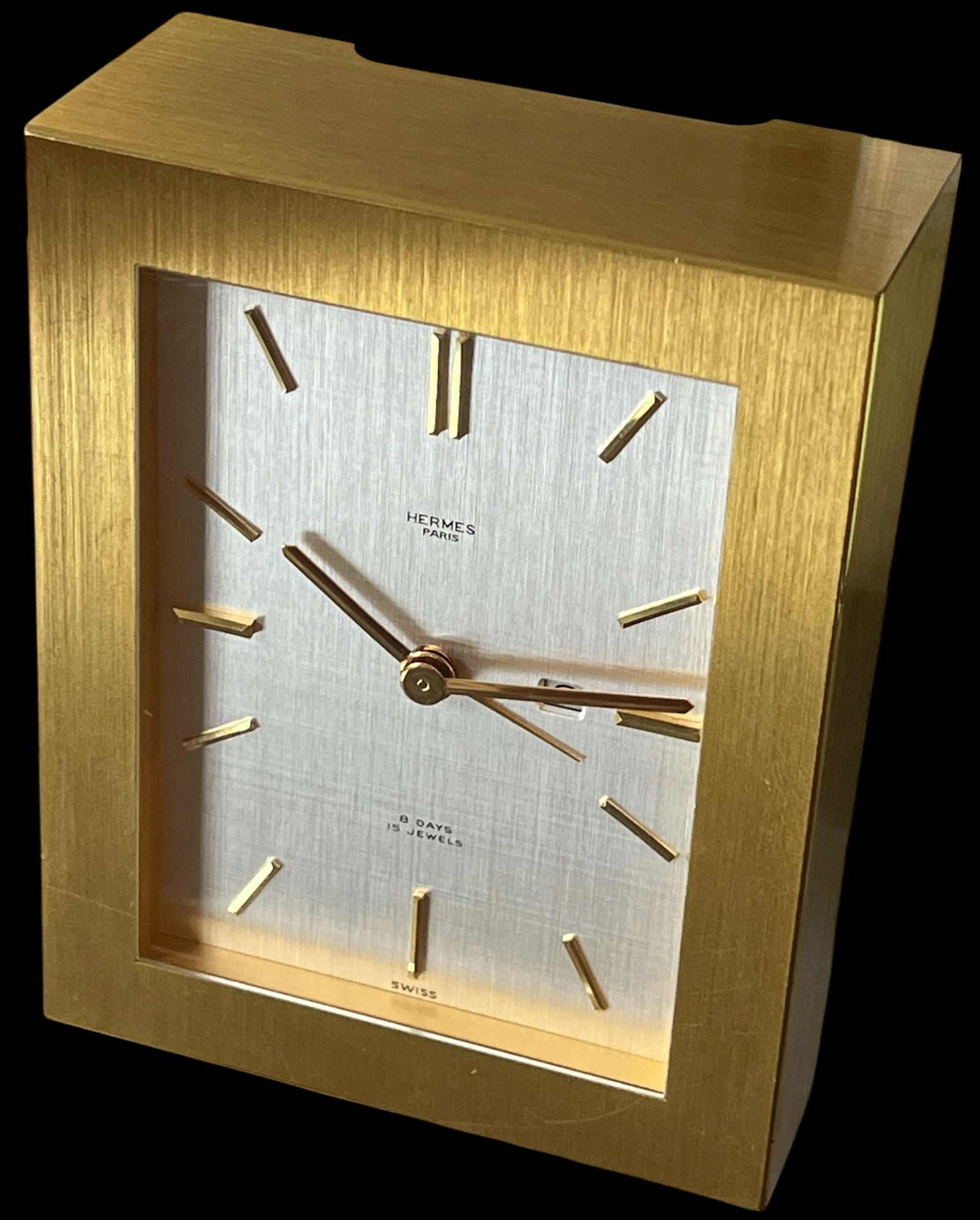 Vintage Hermès 8-Day Brushed Gilt Brass and Silk-Textured Silver Desk Clock "” Swiss, C. - 8