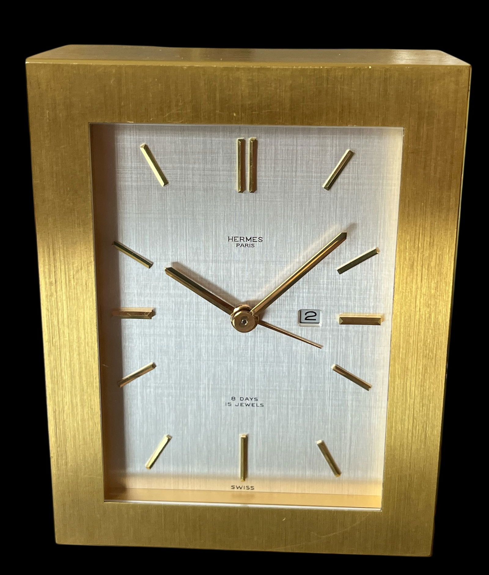 Vintage Hermès 8-Day Brushed Gilt Brass and Silk-Textured Silver Desk Clock "” Swiss, C. - 9