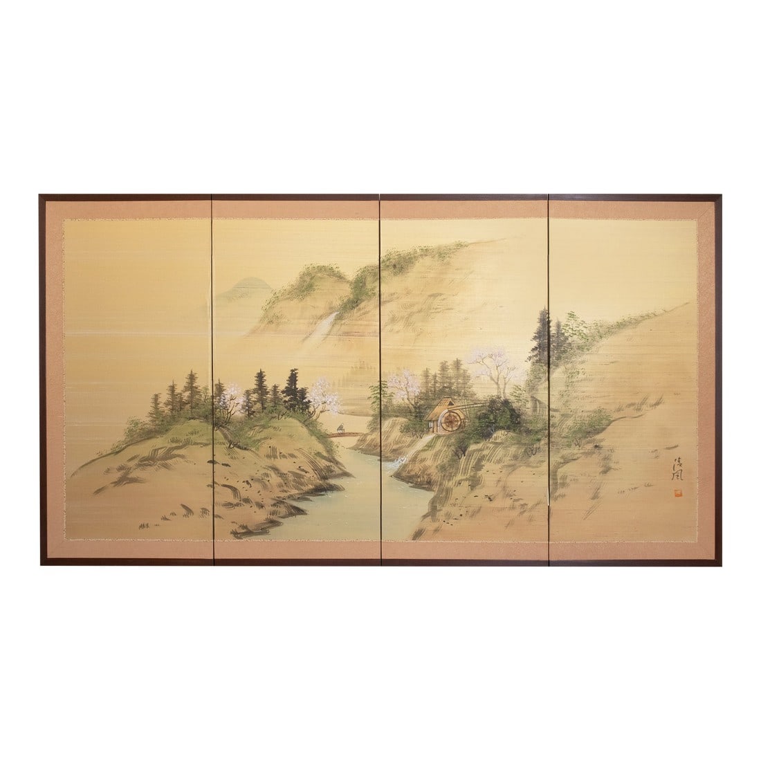 1960s ShÅwa Era Japanese Byobu Screen, "Spring Landscape": Excellent Showa Era vintage Japanese 4-panel painted silk Byobu (folding screen), depicting a peaceful spring landscape with mountains, river, pine and blossoming cherry trees, a man walking on a brid