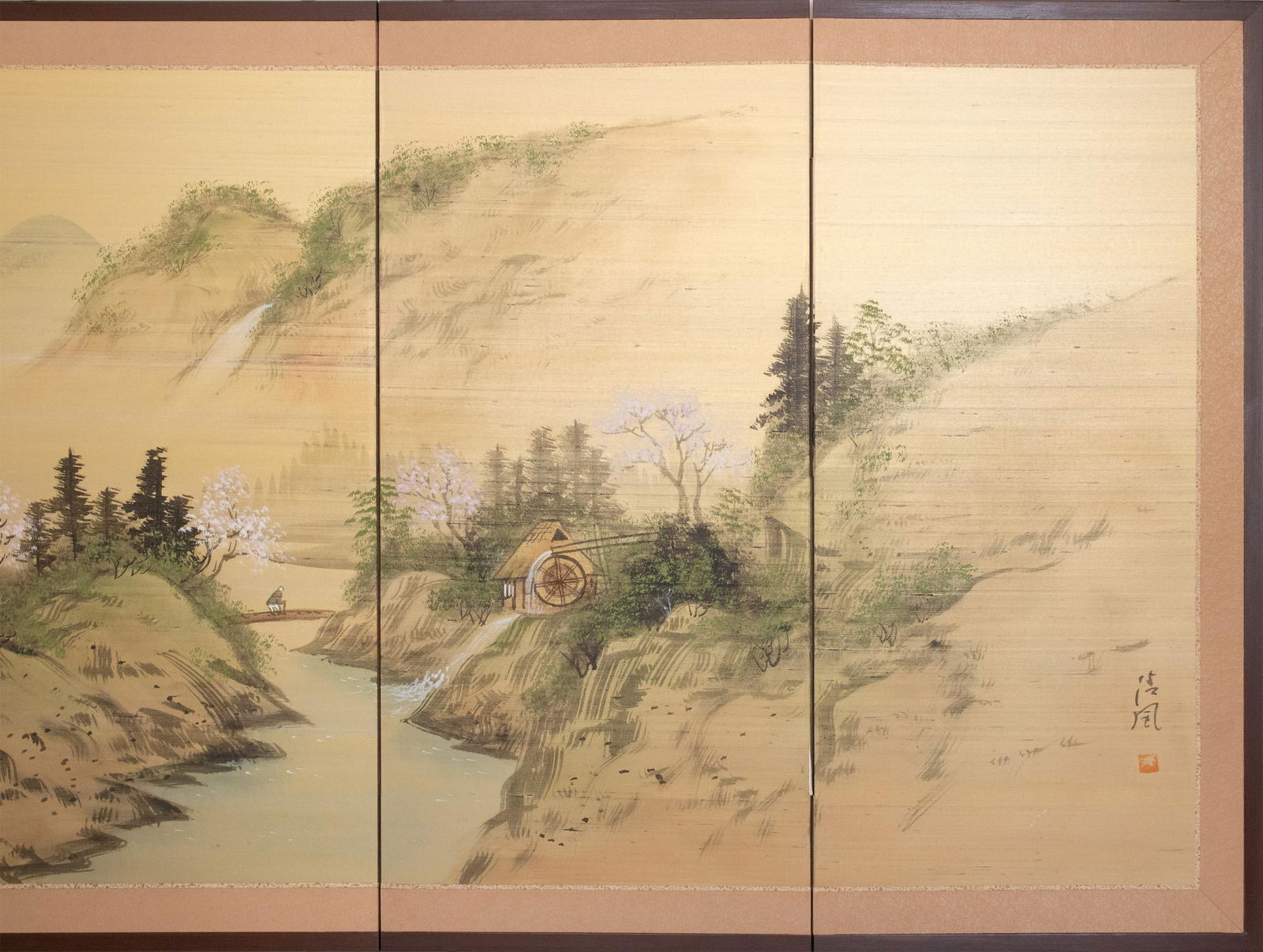 1960s ShÅwa Era Japanese Byobu Screen, "Spring Landscape" - 3