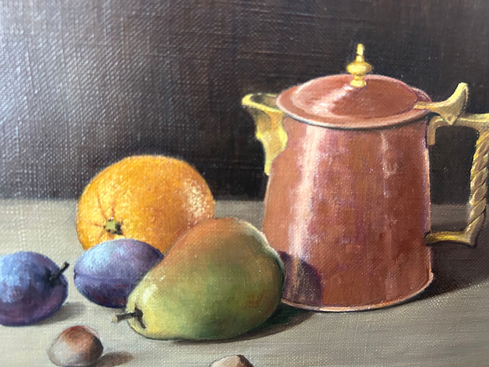 1959 Max H. Weiss Original Still Life Oil Painting – Fruit & Copper Teapot in Ornate Gold - 8