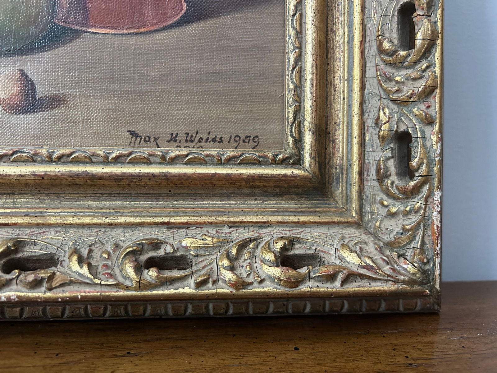 1959 Max H. Weiss Original Still Life Oil Painting – Fruit & Copper Teapot in Ornate Gold - 9