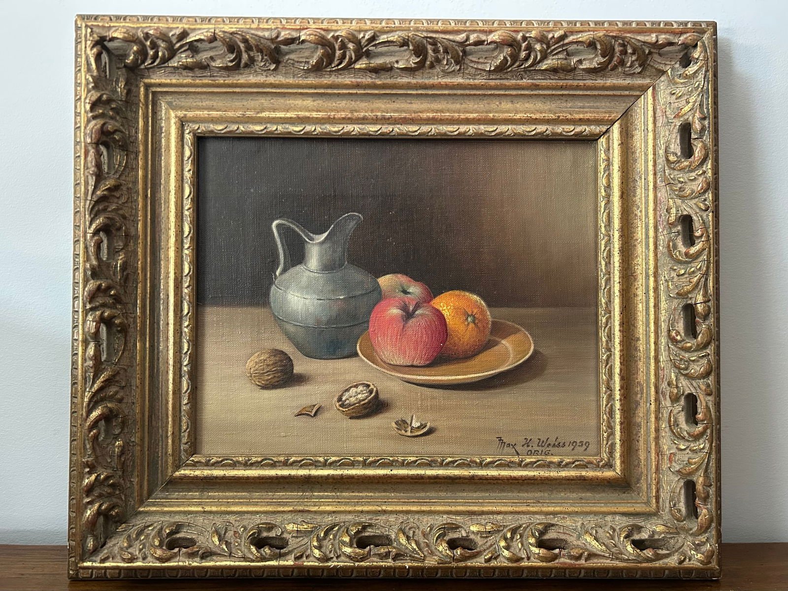 1959 H. Weiss Original Still Life Oil Painting – Fruit, Pewter Jug & Walnuts in Ornate Gold - 2