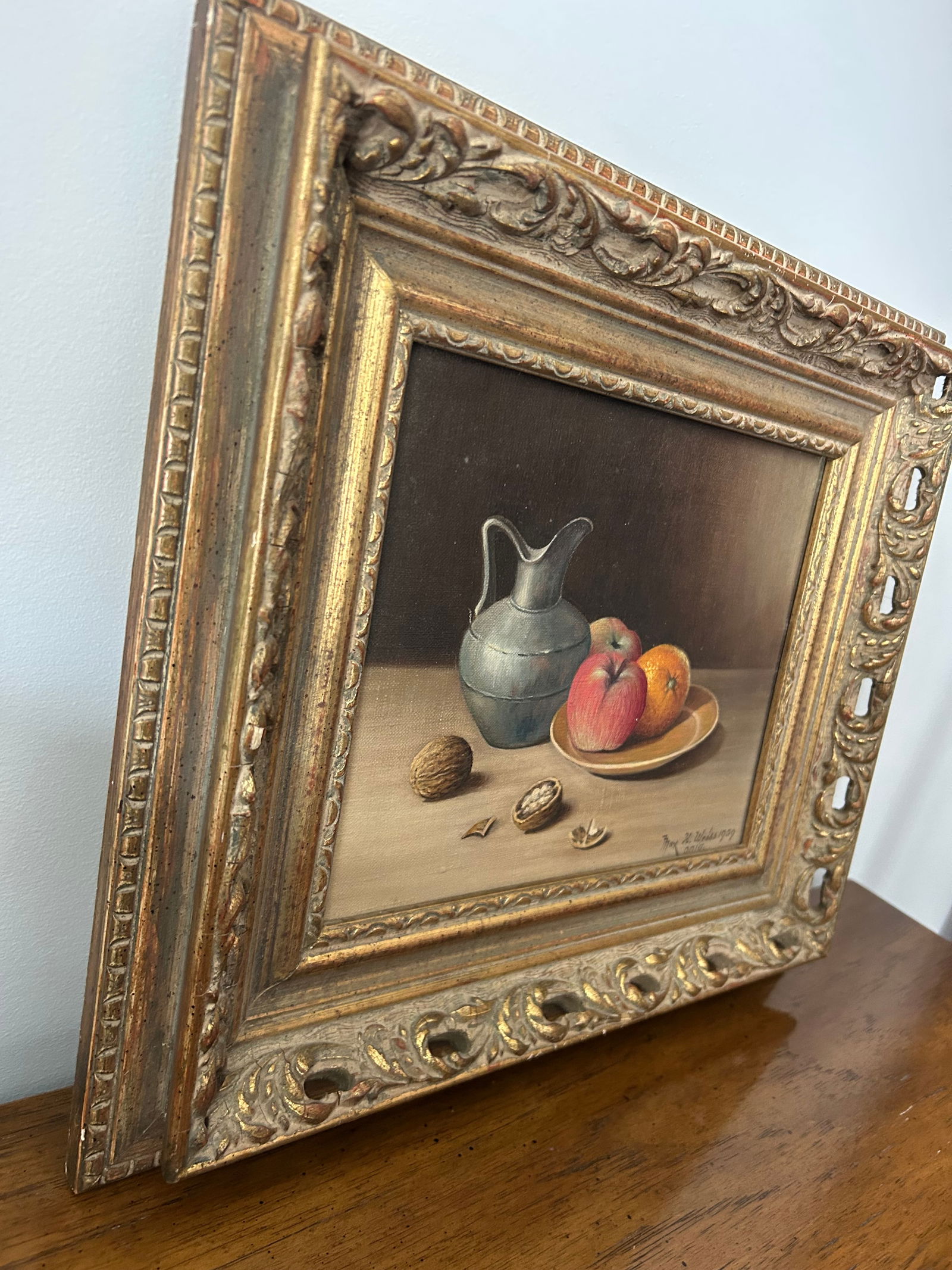 1959 H. Weiss Original Still Life Oil Painting – Fruit, Pewter Jug & Walnuts in Ornate Gold - 3