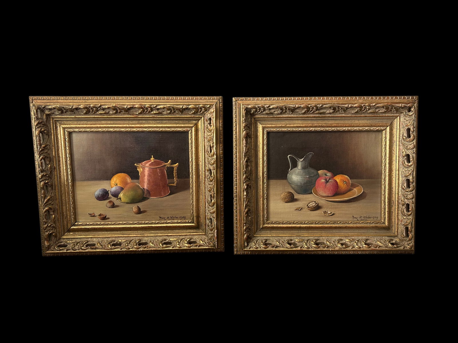 1959 H. Weiss Original Still Life Oil Painting – Fruit, Pewter Jug & Walnuts in Ornate Gold - 6