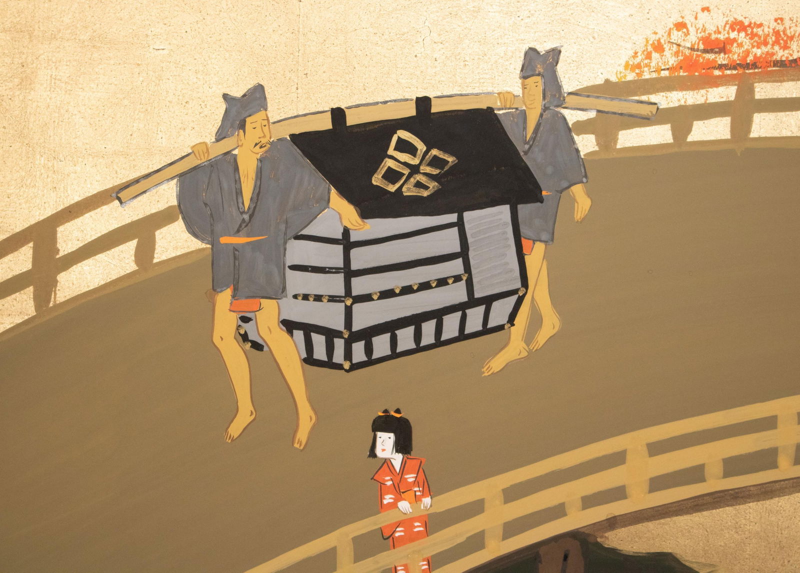 1960s ShÅwa Era Japanese Byobu Screen "Autumn Festival Scene by the Bridge" - 10