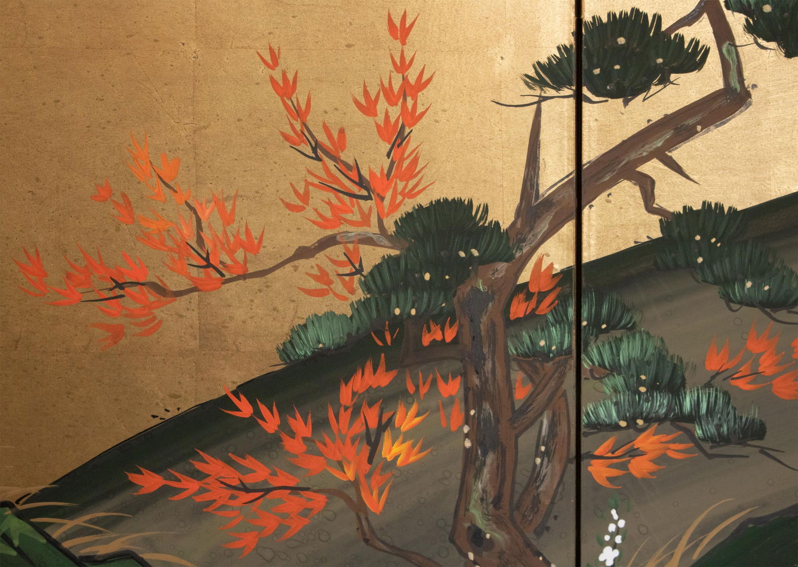 1960s ShÅwa Era Japanese Byobu Screen "Autumn Festival Scene by the Bridge" - 12