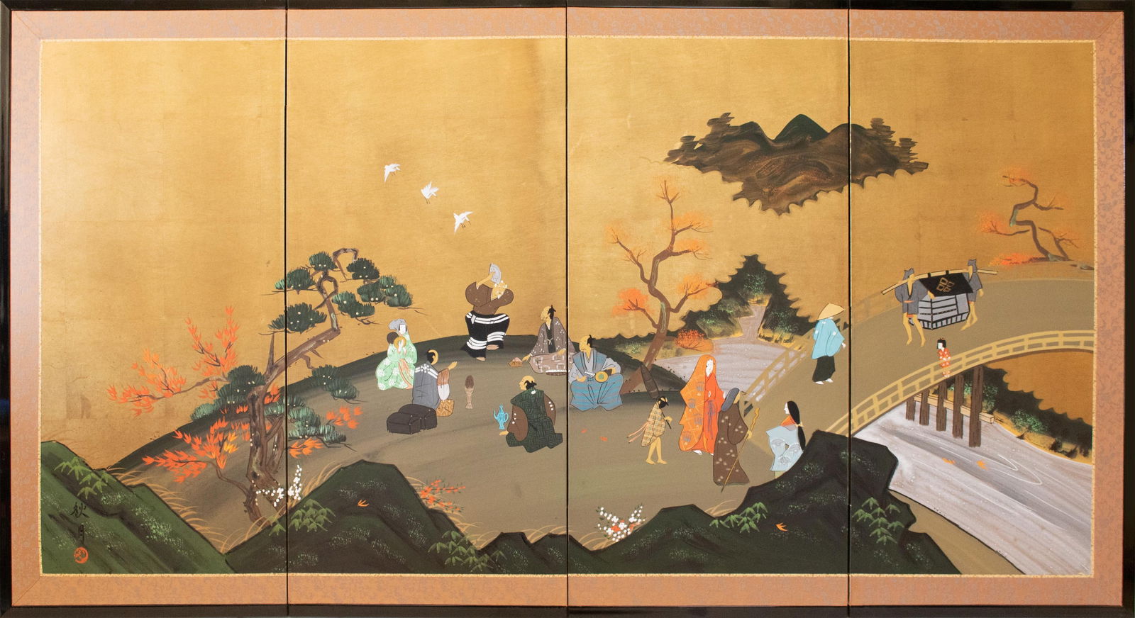 1960s ShÅwa Era Japanese Byobu Screen "Autumn Festival Scene by the Bridge" - 17