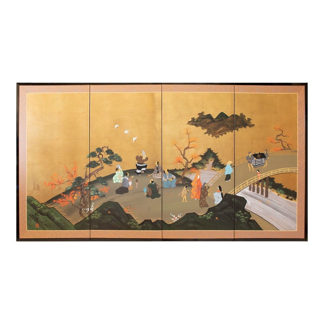 1960s ShÅwa Era Japanese Byobu Screen "Autumn Festival Scene by the Bridge": Stunning vintage Showa Era Japanese 4-panel hand painted Byobu (folding screen), depicting Autumn Festival Scene by the Bridge over a river, people, trees and mountains, on the gold background.