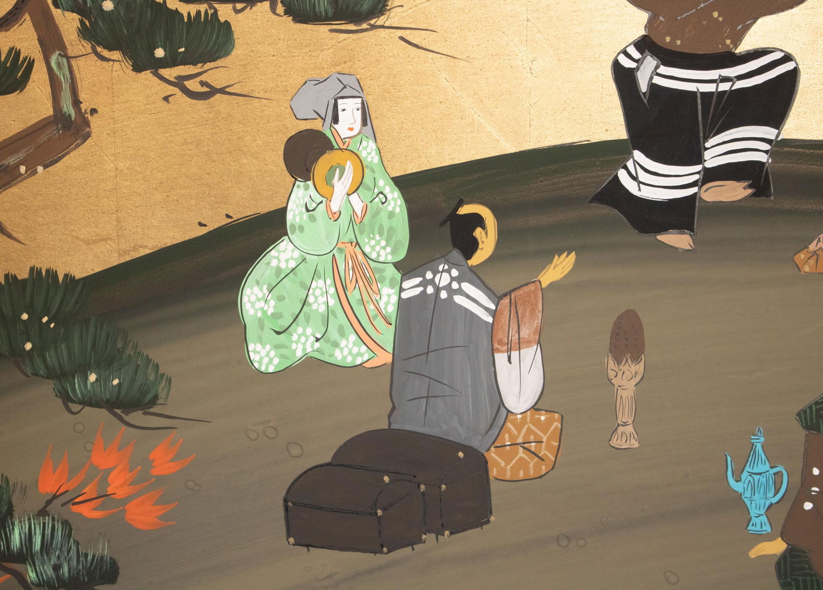 1960s ShÅwa Era Japanese Byobu Screen "Autumn Festival Scene by the Bridge" - 2