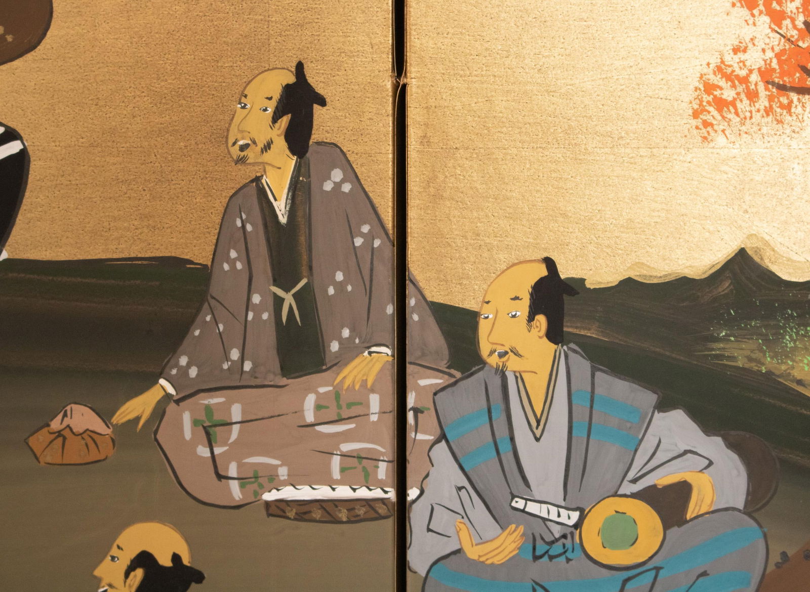 1960s ShÅwa Era Japanese Byobu Screen "Autumn Festival Scene by the Bridge" - 4