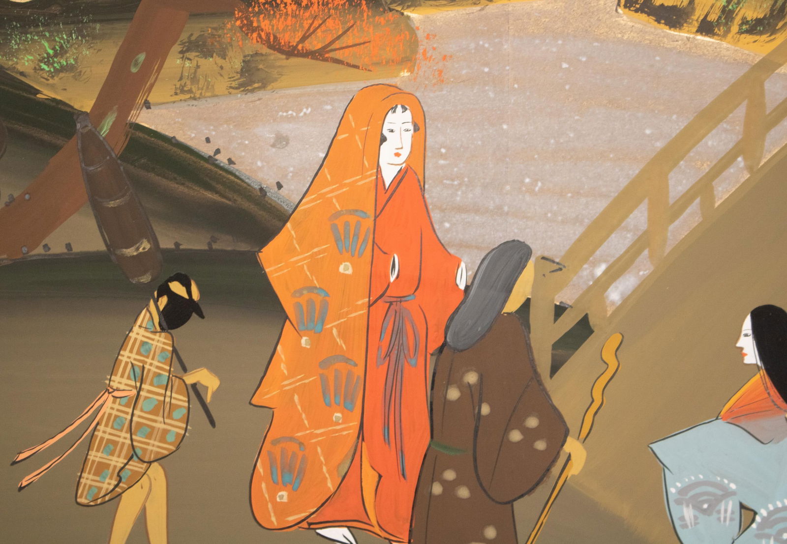 1960s ShÅwa Era Japanese Byobu Screen "Autumn Festival Scene by the Bridge" - 6