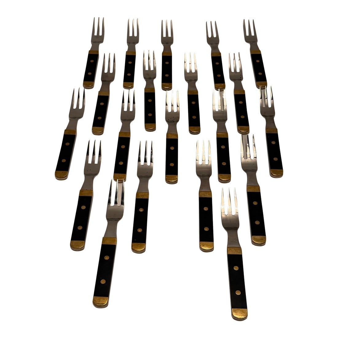 Rare Set of Vintage Swedish Stainless Steel Brass & Wood Flatware: Total of barely used 100 pieces of rare Swedish mixed material flatware, having a stylish combination of stainless steel, brass and wood. 20 dinner forks 7.5 h 20 salad forks 6.5 h 20 dinner knives