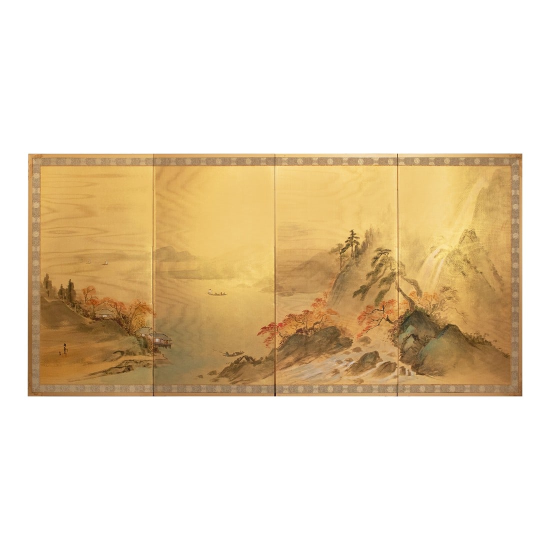 1970s ShÅwa Era Japanese Byobu Screen, "Autumn Landscape With River": Stunning Japanese 4-panel painted silk Byobu (folding screen), depicting a graceful autumn landscape with mountains, river, pine trees and boats. Signed by artist. Watercolor, gouache and ink on