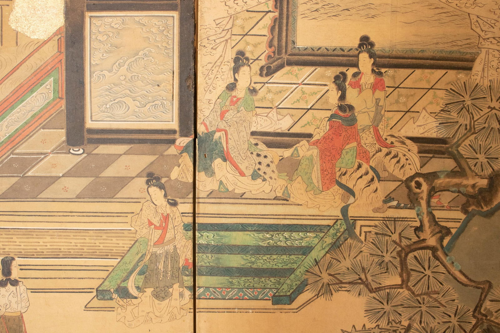 Meiji Era XL Japanese Yamato-E Style 6-Panel Byobu Screen "Chinese Palace Courtyard" - 15