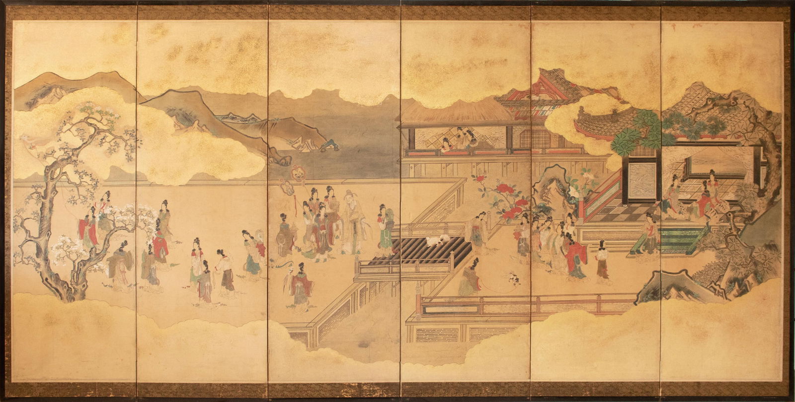 Meiji Era XL Japanese Yamato-E Style 6-Panel Byobu Screen "Chinese Palace Courtyard" - 18