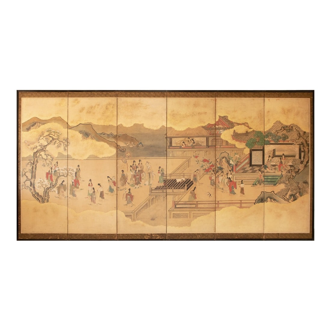 Meiji Era XL Japanese Yamato-E Style 6-Panel Byobu Screen "Chinese Palace Courtyard" (1 of 18)