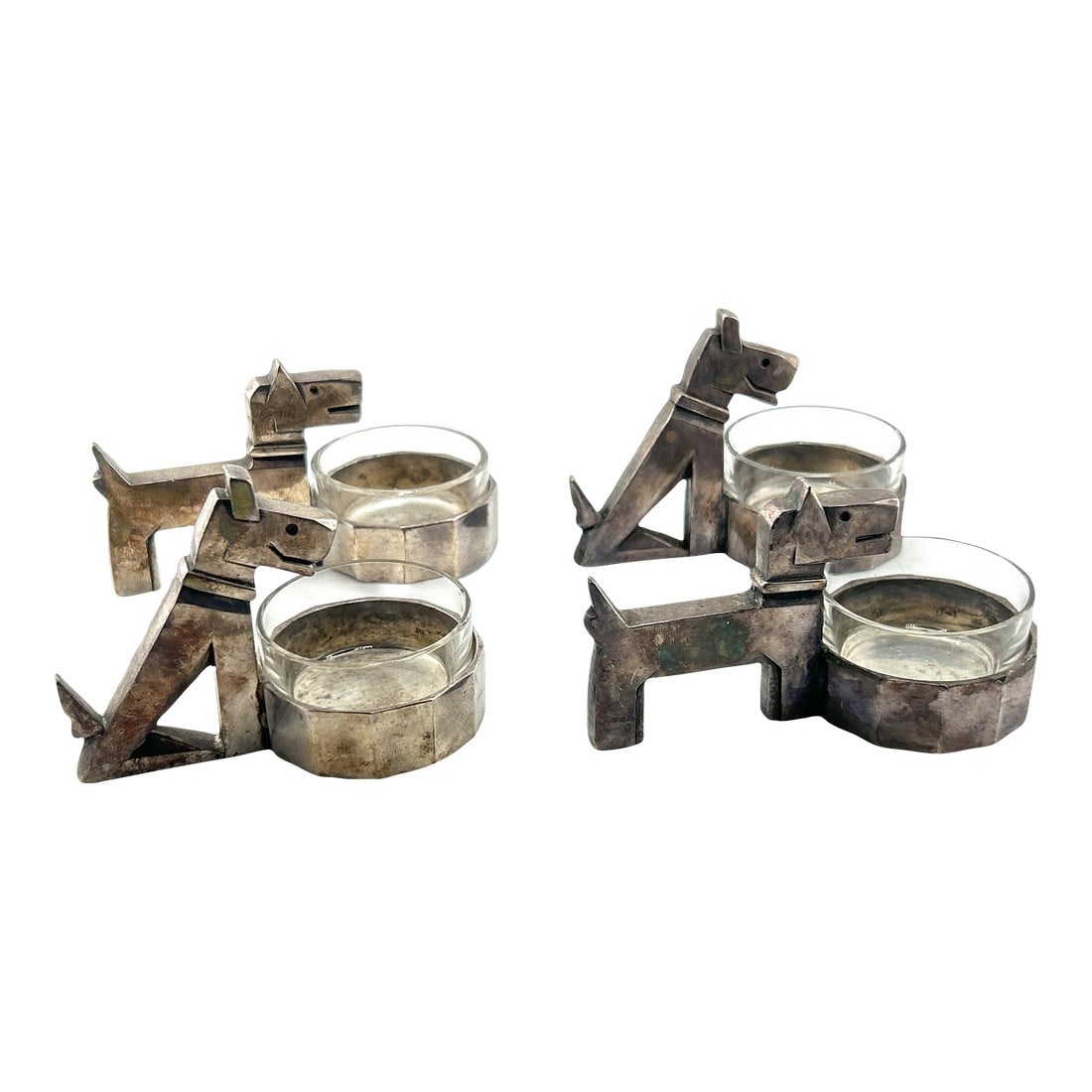 1930s 4 Ric & Rac Art Deco Dogs Salt Cellars Gallia for Christofle With Baccarat Crystal Inserts: Set of 4 Rare Ric & Rac Art Deco salt cellars from Christofle with 3 Baccarat crystal inserts- one is a normal glass insert. Solid metal base that's been silver plated. Two of each style dog. Two