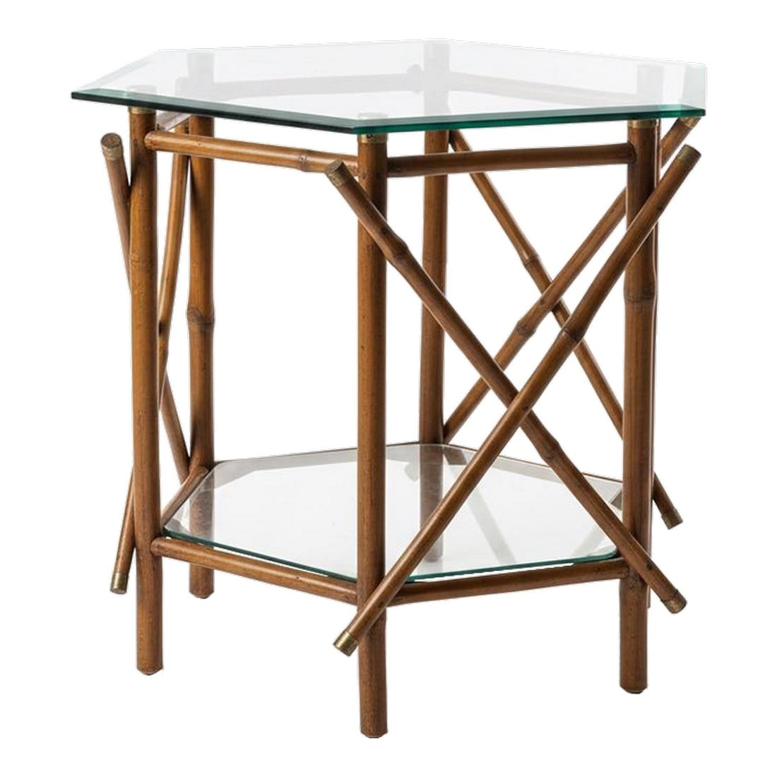 Vintage 1970's Two-Tier Real Bamboo & Glass Octagonal Side Table - Brass Capped - McGuire Style: Effortlessly chic and rich with organic luxury. This Turtle and Crane find is a vintage two-tier octagonal side table crafted from genuine bamboo, capturing the "bring the outdoors in" philosophy of