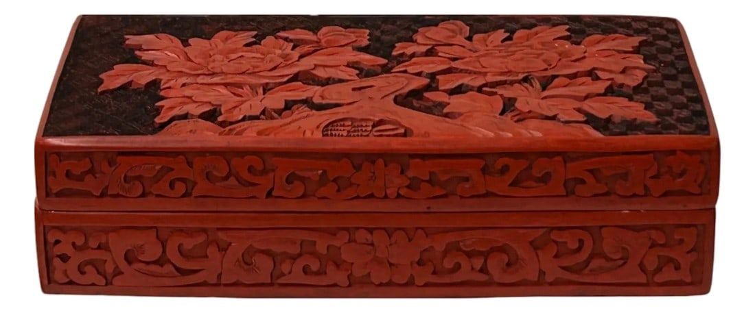 Hand Craft Vintage Chinese Red Lacquer Rectangular Floral Accent Box (1 of 9)
