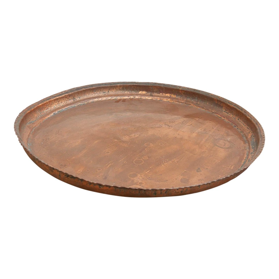 22" Dm Large Antique Copper Charger: This piece is all about scale and soul. Measuring nearly two feet across (22 inches), it is a massive expanse of solid, hand-beaten copper. The surface is a landscape of history"”you can see