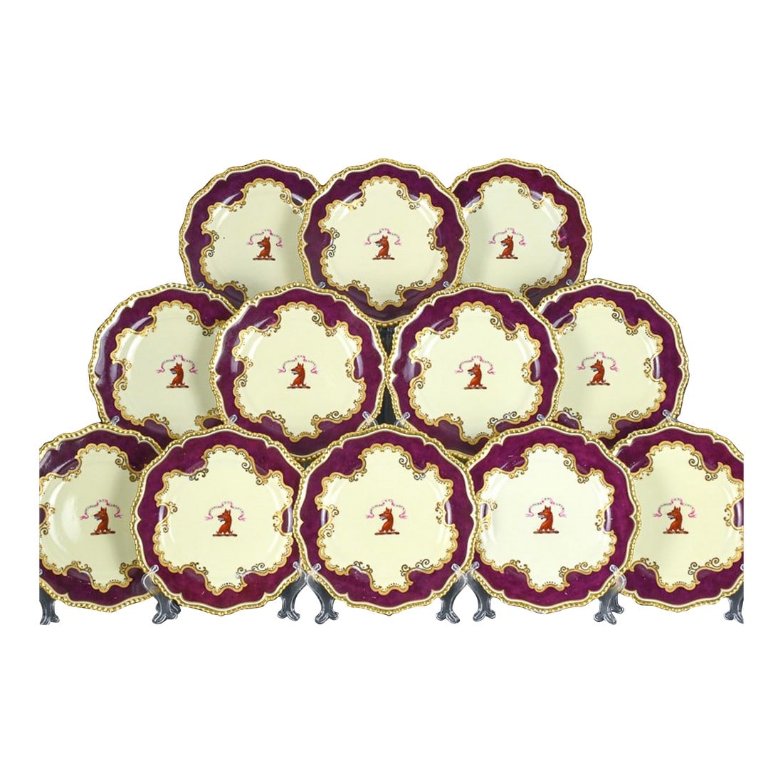 Flight, Barr & Barr Worcester Armorial Porcelain Claret-Ground Dessert Plates- A Set of Twelve: Important Set of Flight, Barr & Barr Worcester Armorial Claret-ground Dessert Plates, Twelve Plates Circa 1820-1825 This exceptional set of twelve dessert plates exemplifies the opulent and highly