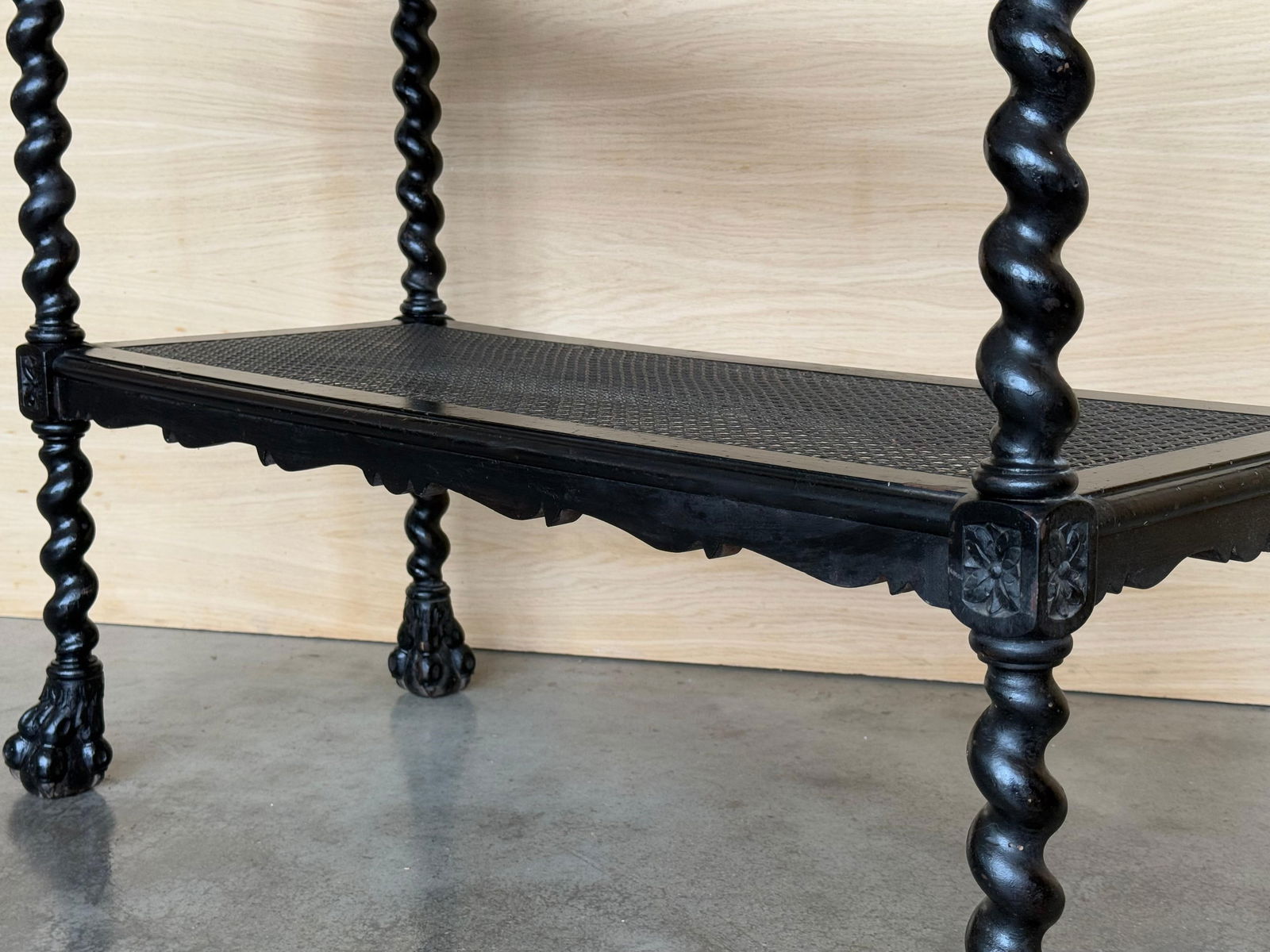 Mid 20th Century Spanish Wooden Magazine Rack with Marquetry or Etagere with cane shelves - 11