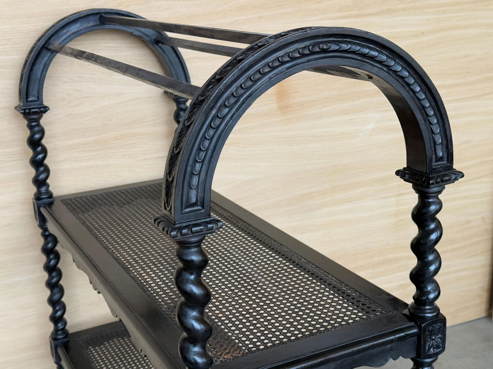 Mid 20th Century Spanish Wooden Magazine Rack with Marquetry or Etagere with cane shelves - 13